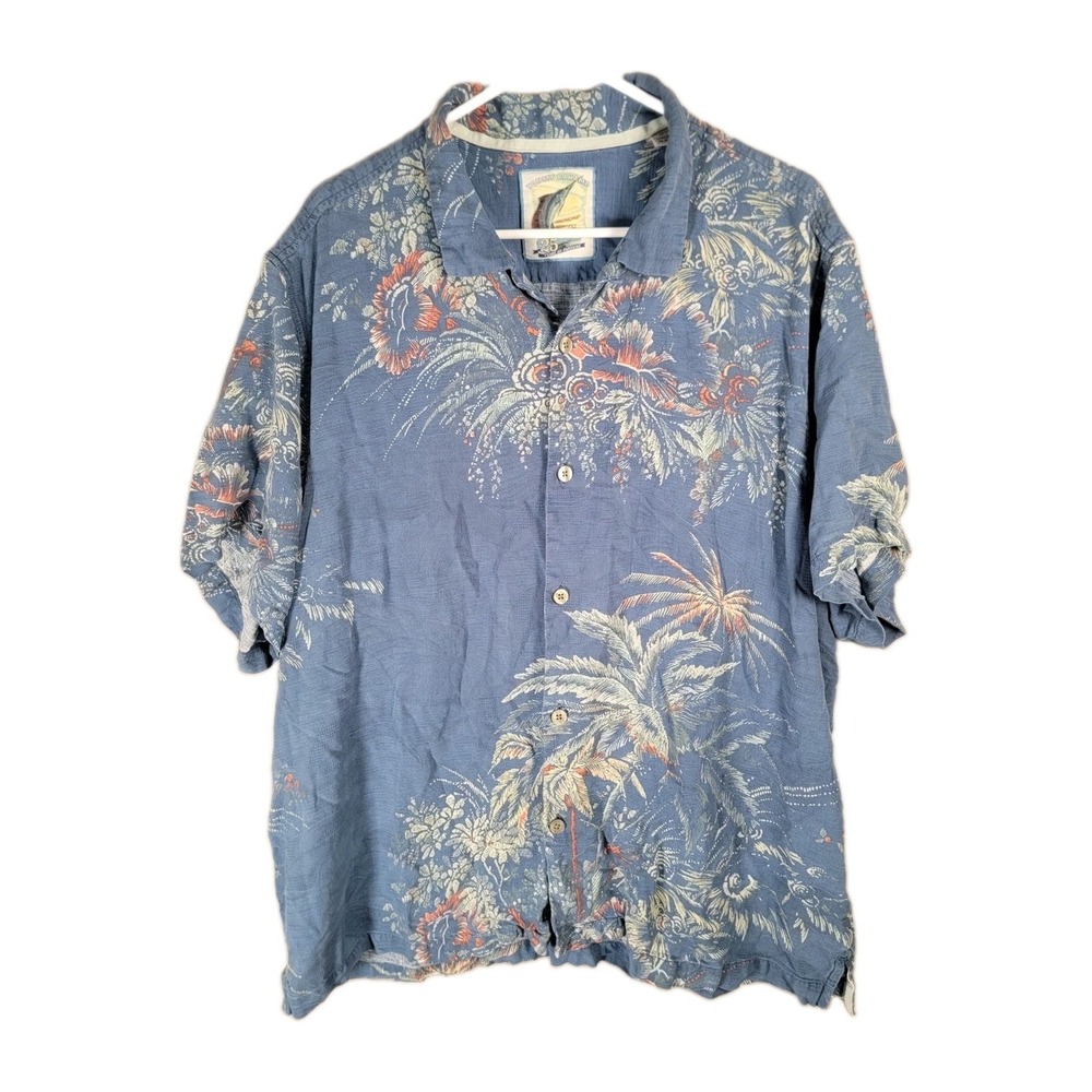 Tommy Bahama Shirt Mens XXL 25 Years of Paradise Blue 100% Silk Palm Camp Aloha
